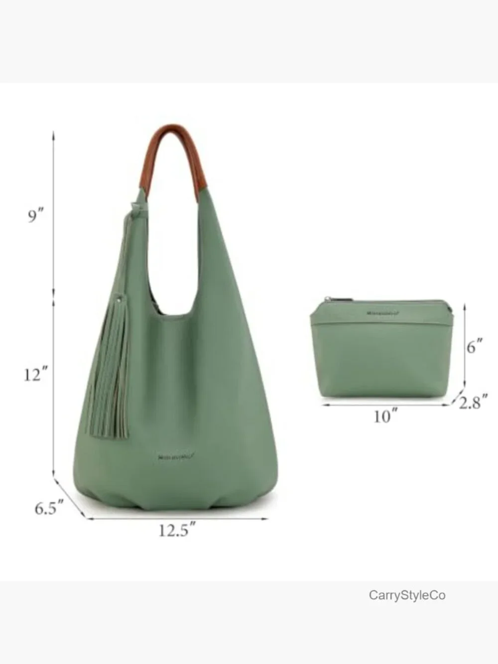 Vegan Leather Slouchy Hobo Bag Set with Tassels & Cosmetic Bag